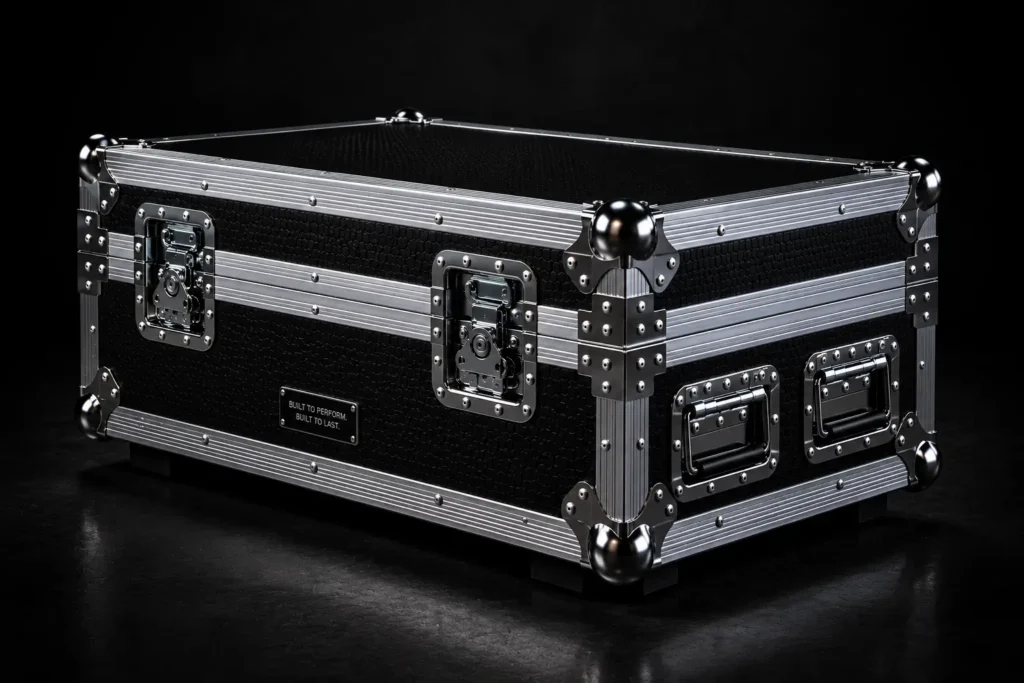 Black ATA flight case with aluminum edges, ball corners, and recessed twist latches on dark background