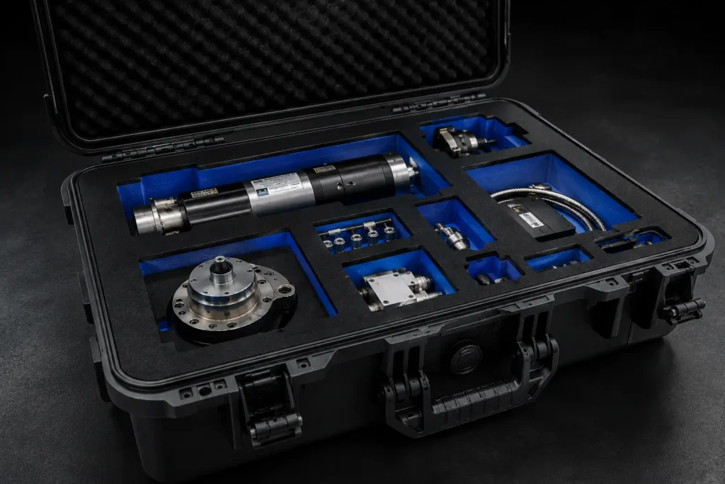 Open protective hard case with custom blue foam holding precision machined industrial components
