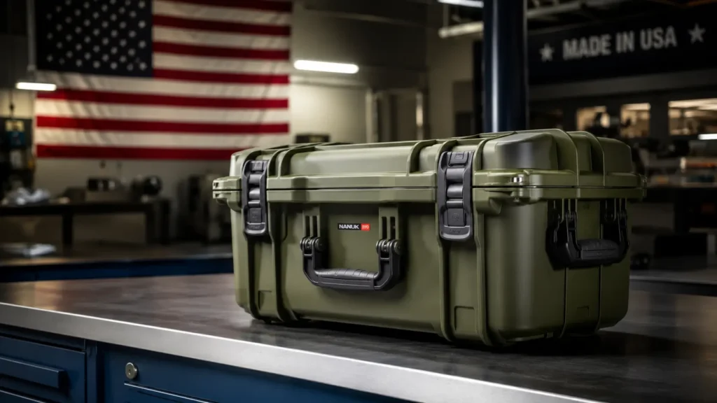 Heavy-duty military-style protective case resting on a modern industrial workbench with a blurred American flag in the background, representing U.S. manufacturing and premium protective equipment.