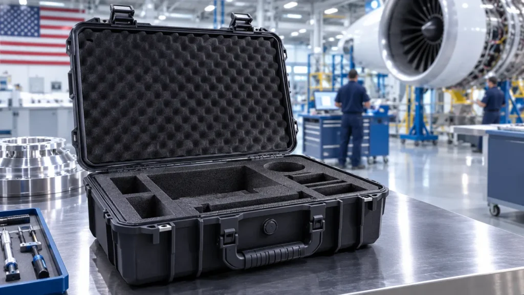 Heavy-duty military-style protective case with precision-cut CNC foam insert displayed on a clean industrial workbench inside a modern aerospace manufacturing facility.