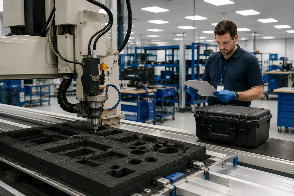 Multi-axis CNC routing machine cutting precision industrial foam while a certified quality inspector reviews documentation beside a rugged transit case in a secure aerospace manufacturing facility.