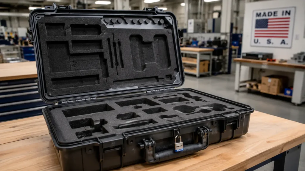 Open hard-sided protective equipment case featuring precision CNC-cut custom black foam inserts and a reinforced locking latch with padlock in a modern American manufacturing facility.
