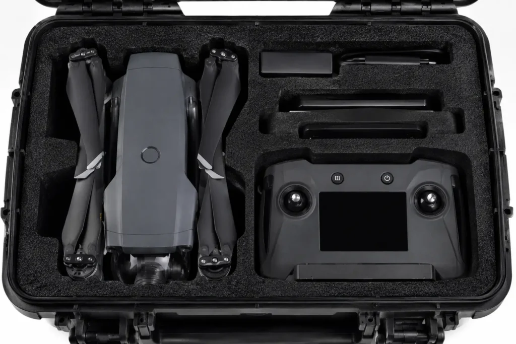 Top-down close-up of a rugged black protective hard case with custom-cut foam precisely securing a professional camera drone, remote controller, and accessories.