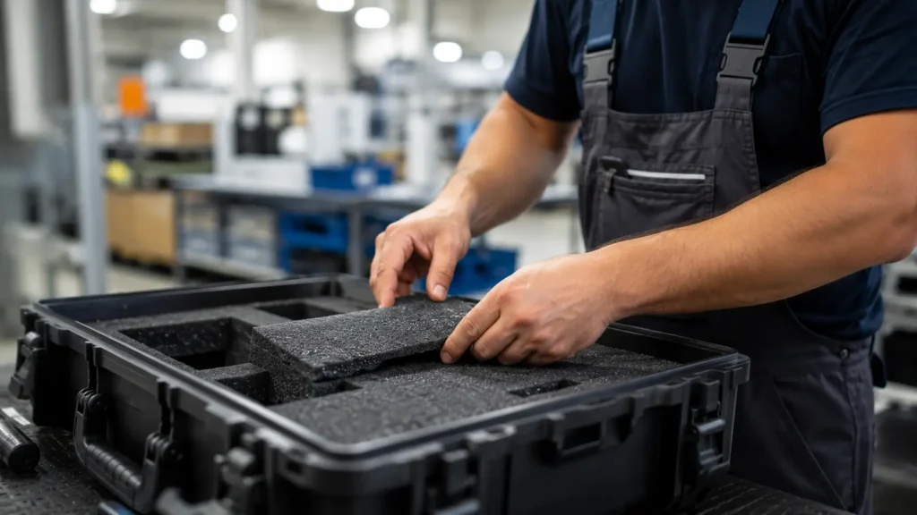 Worker carefully fitting dark gray custom foam into a rugged plastic protective case inside a modern manufacturing facility with a blurred industrial background.