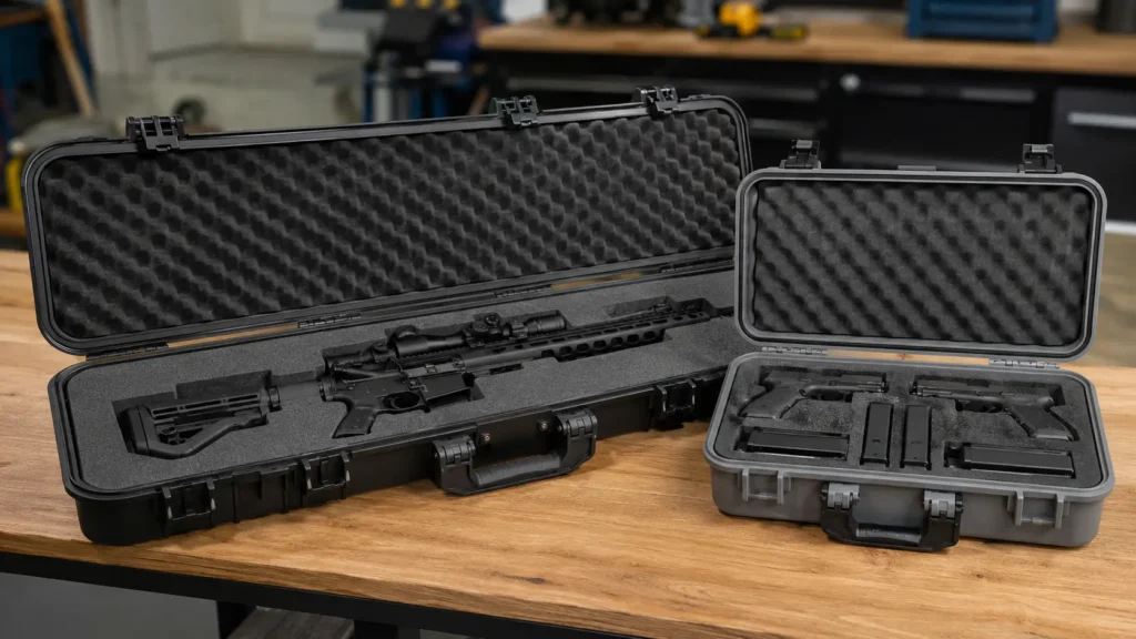 Two rugged protective cases on a wooden workbench with precision custom foam inserts holding a rifle with optic, two pistols, magazines, and accessories inside a clean workshop.