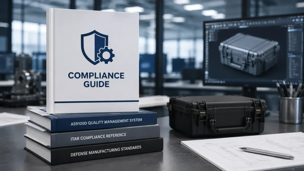 Professional compliance guide with shield and gear logo on a modern engineering desk beside rugged transit case and CAD workstation in an aerospace office.