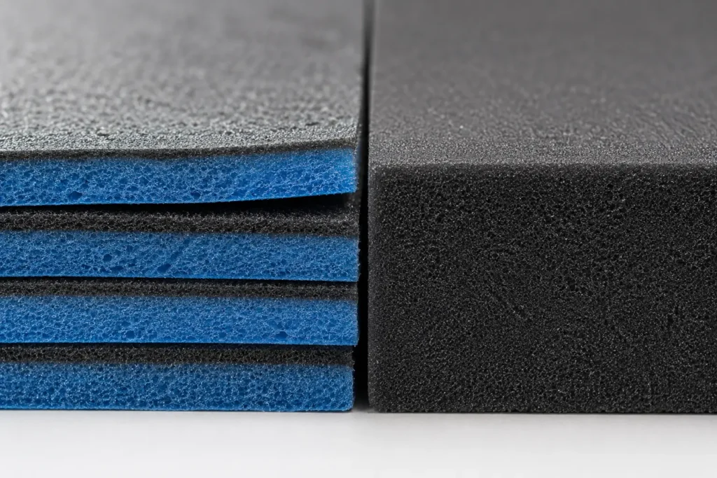 Macro close-up showing layered Kaizen shadow foam beside homogeneous closed-cell polyethylene foam texture.