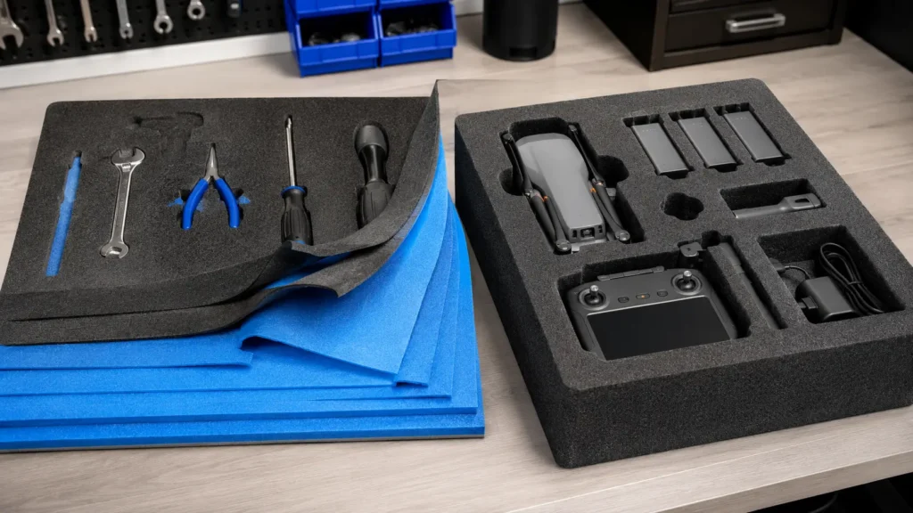 Side-by-side comparison of peel-away Kaizen foam and CNC-cut closed-cell polyethylene foam used for custom protective equipment cases.