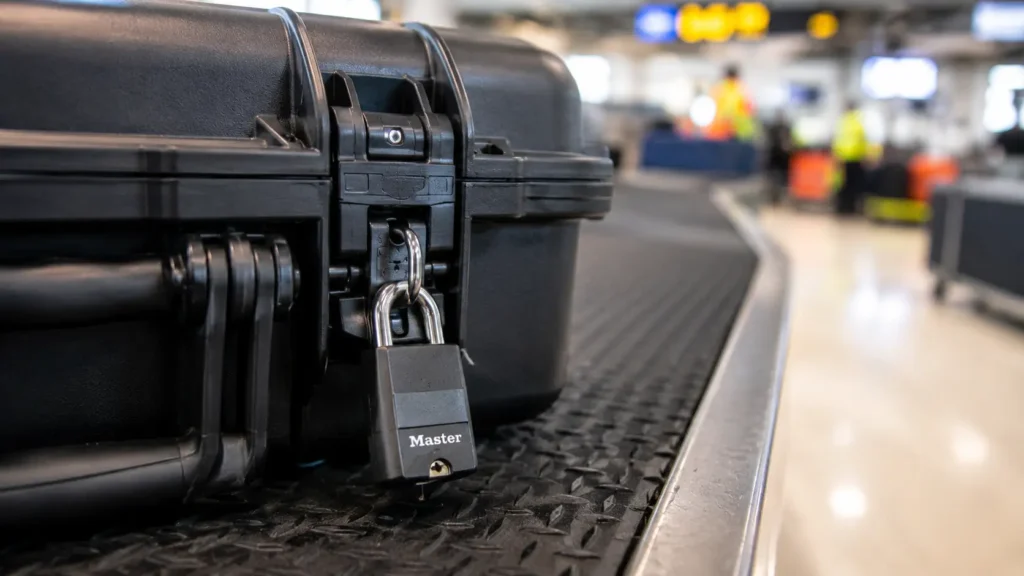 Close-up of a sturdy non-TSA padlock locking a black hard protective case on an airport baggage conveyor belt.