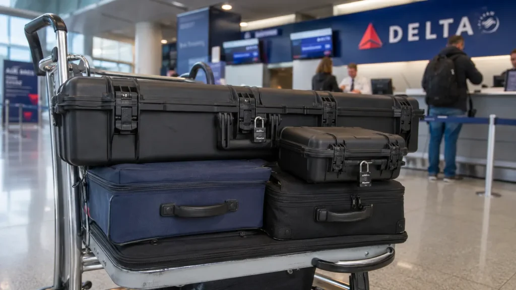 Closed black rifle case and pistol case secured with non-TSA padlocks on stacked luggage at an airport check-in counter.