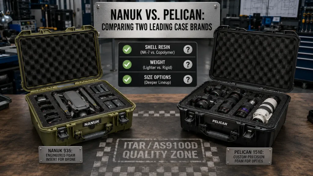 Open Nanuk 935 and Pelican 1510 hard cases with custom precision foam inserts protecting a drone, accessories, professional cameras, and camera lenses.