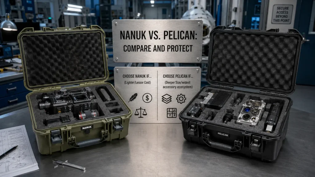 Nanuk and Pelican protective hard cases with custom CNC foam inserts securing a broadcast camera system and aerospace sensor equipment inside a professional engineering facility.