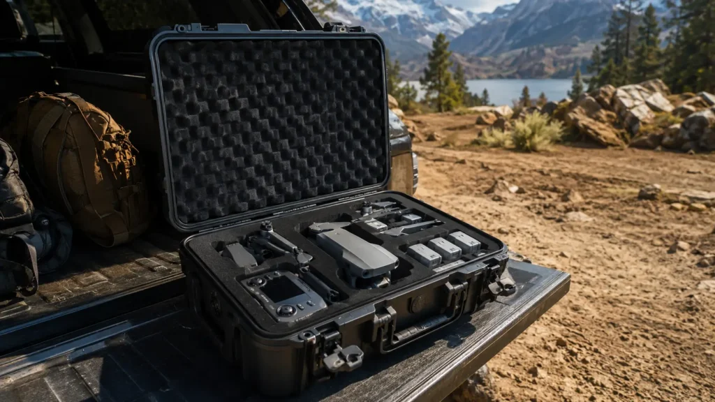 Professional camera drone, controller, and spare batteries securely organized inside a rugged black hard transit case on the tailgate of an off-road vehicle at an outdoor launch site.