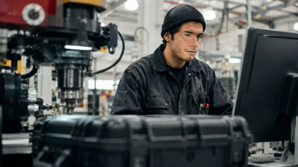 Young technician wearing a black beanie and work jacket monitoring a computer in a modern manufacturing facility with industrial machinery and a rugged protective case in the foreground.