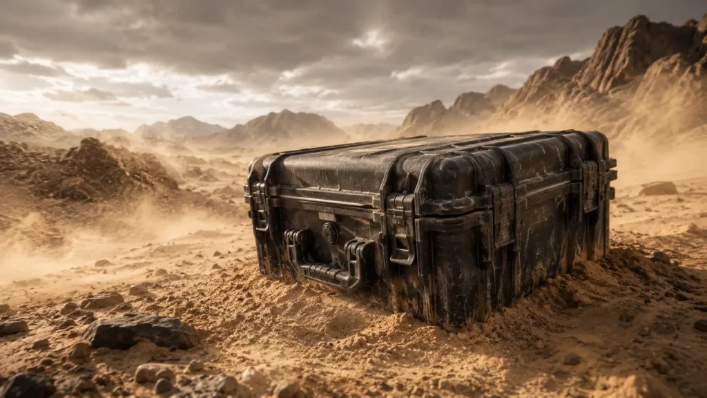 Heavy-duty black rotomolded protective case sitting in a harsh desert with blowing sand, showcasing extreme durability for military and industrial applications.
