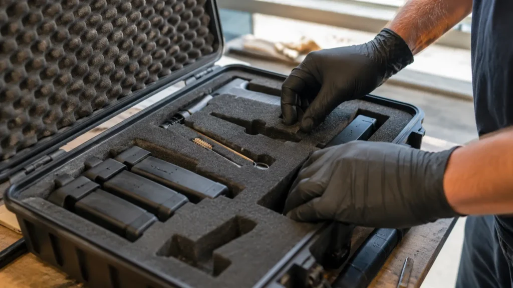 Gloved hands adjusting a custom dark grey foam insert inside a rugged pistol case with cutouts for magazines, cleaning kit, and accessories in natural workshop lighting.