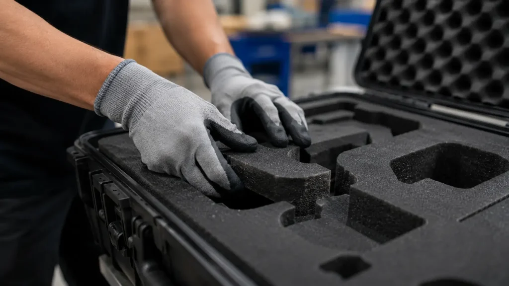 Gloved technician pressing a precision CNC-cut black foam insert into a protective equipment case inside a manufacturing facility.