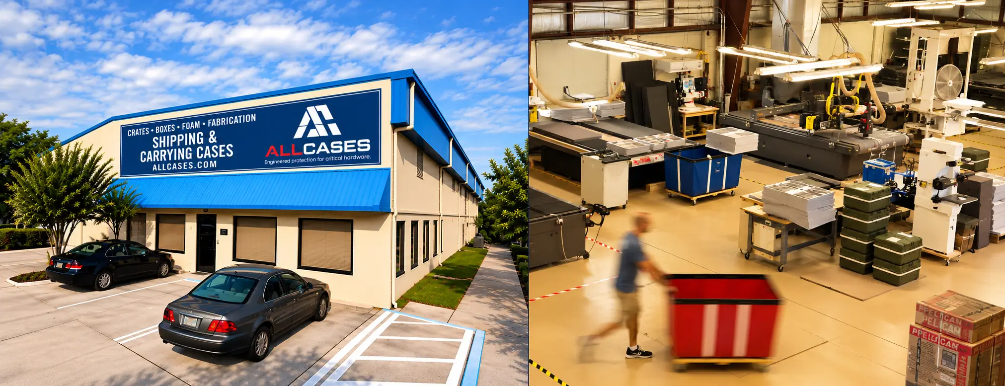 AllCases facility exterior and manufacturing workshop for custom cases, foam fabrication, and shipping solutions