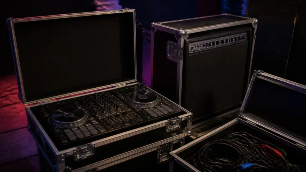 Open DJ controller road case beside a guitar amp road case and a cable trunk backstage at a club