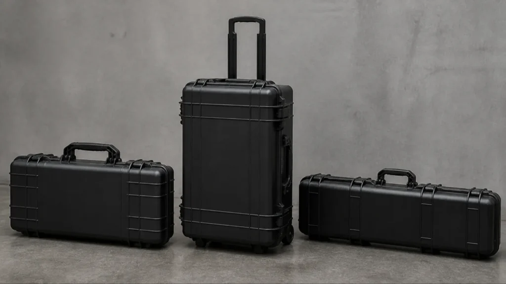 Three large black protective hard cases: a flat hand-carry case, a rolling case with pull handle and a long case