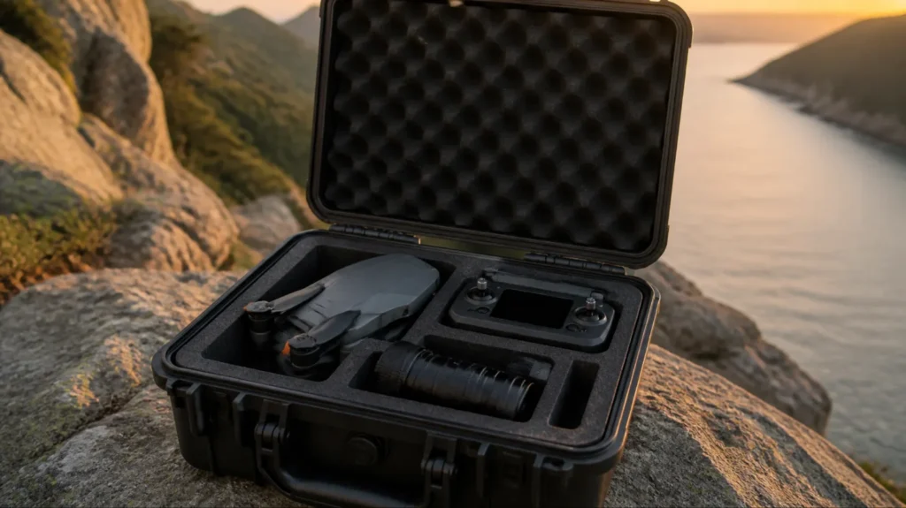 Open lightweight hard case with custom foam holding a drone, controller and camera lens outdoors at sunset