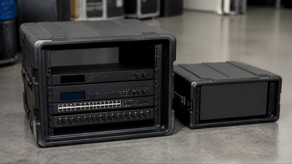 Open shock-mounted rack case with audio processors and a network switch beside a smaller 4U rack case
