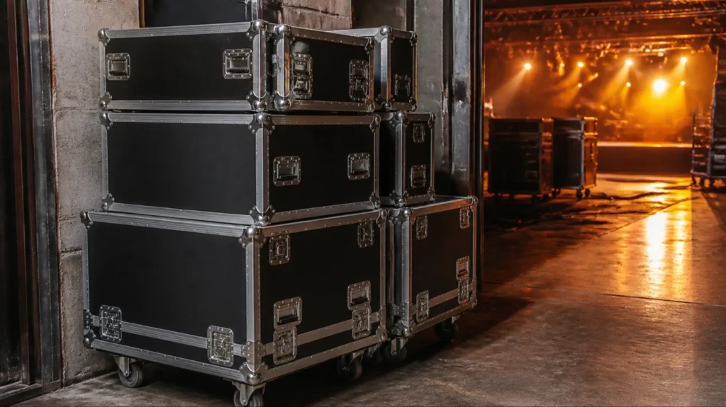 Stacked black ATA road cases with aluminum edges and steel ball corners backstage at a concert venue