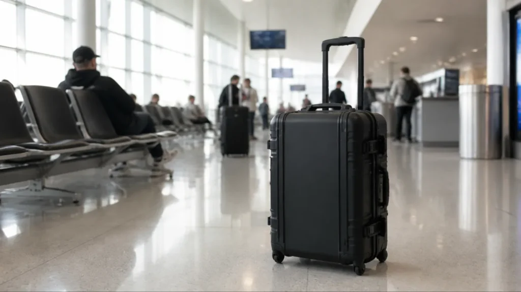 Black rolling carry-on hard case with extended handle in an airport terminal near the gate